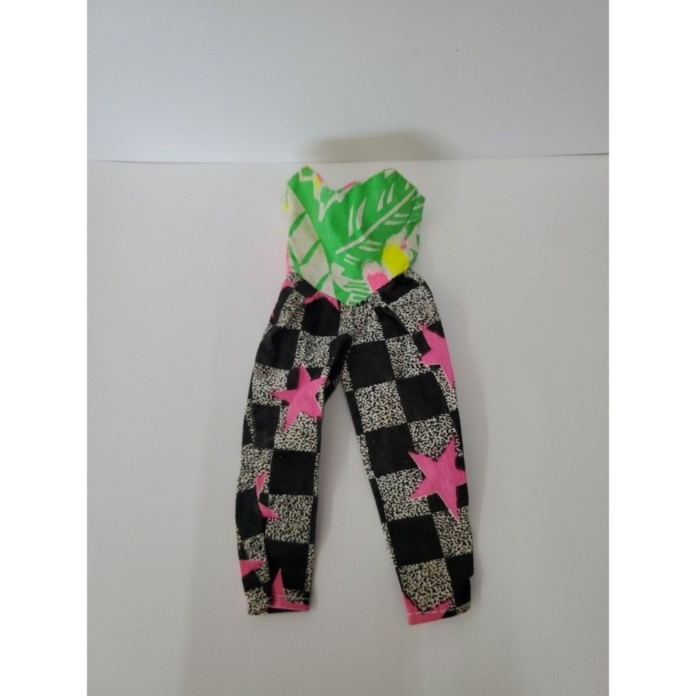 Vintage 1980s‎ Barbie Neon Jumpsuit Tropical Star Checkered Doll Outfit Mattel